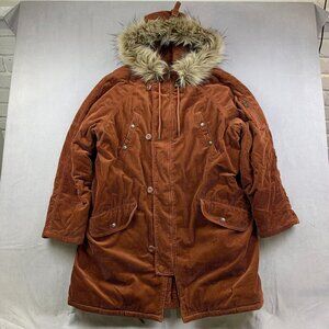 American Eagle Womens Parka Jacket XL Brown Corduroy Full Zip Faux Fur Hood Army